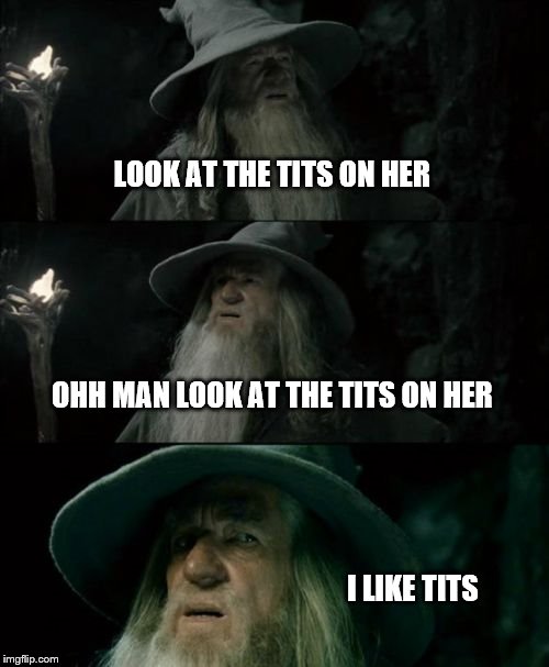 Confused Gandalf | LOOK AT THE TITS ON HER; OHH MAN LOOK AT THE TITS ON HER; I LIKE TITS | image tagged in memes,confused gandalf | made w/ Imgflip meme maker