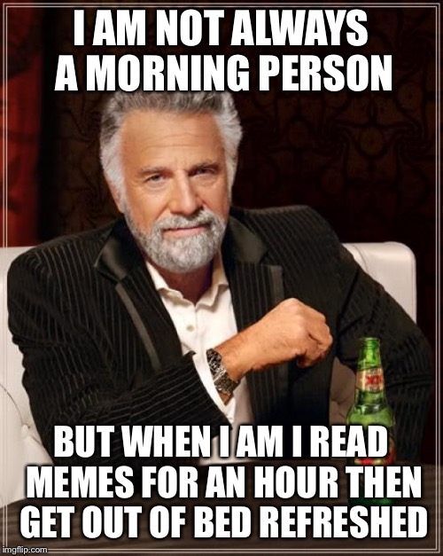 The Most Interesting Man In The World Meme | I AM NOT ALWAYS A MORNING PERSON; BUT WHEN I AM I READ MEMES FOR AN HOUR THEN GET OUT OF BED REFRESHED | image tagged in memes,the most interesting man in the world | made w/ Imgflip meme maker