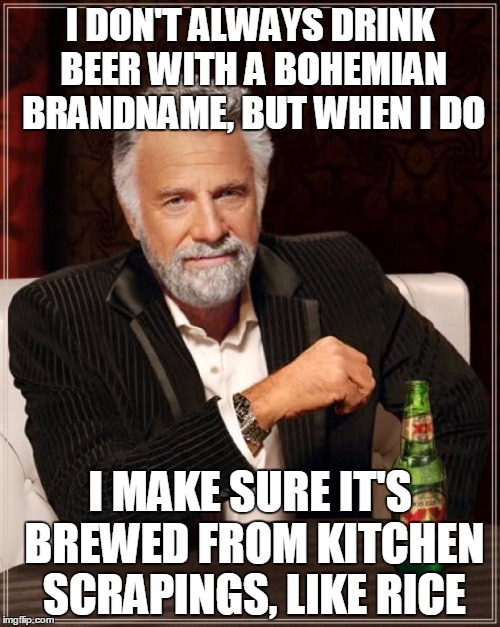 fake beer | I DON'T ALWAYS DRINK BEER WITH A BOHEMIAN BRANDNAME, BUT WHEN I DO; I MAKE SURE IT'S BREWED FROM KITCHEN SCRAPINGS, LIKE RICE | image tagged in memes,the most interesting man in the world,budweiser | made w/ Imgflip meme maker