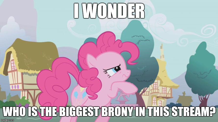 Hard thinking Pinkie | I WONDER; WHO IS THE BIGGEST BRONY IN THIS STREAM? | image tagged in hard thinking pinkie | made w/ Imgflip meme maker