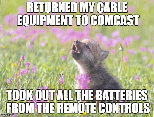 Baby Insanity Wolf | RETURNED MY CABLE EQUIPMENT TO COMCAST; TOOK OUT ALL THE BATTERIES FROM THE REMOTE CONTROLS | image tagged in memes,baby insanity wolf,AdviceAnimals | made w/ Imgflip meme maker