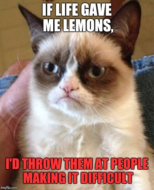 When life gives you lemons... | IF LIFE GAVE ME LEMONS, I'D THROW THEM AT PEOPLE MAKING IT DIFFICULT | image tagged in memes,grumpy cat,lol | made w/ Imgflip meme maker