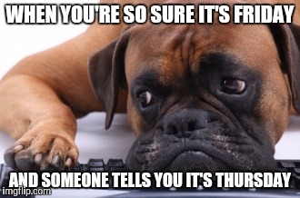 Depressed dog | WHEN YOU'RE SO SURE IT'S FRIDAY; AND SOMEONE TELLS YOU IT'S THURSDAY | image tagged in depressed dog,AdviceAnimals | made w/ Imgflip meme maker