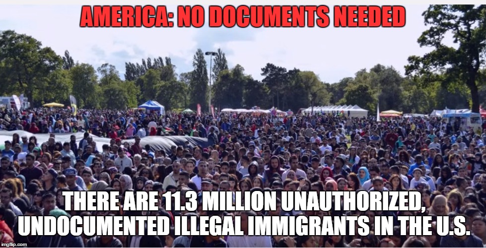 Illegal Immigration | AMERICA: NO DOCUMENTS NEEDED; THERE ARE 11.3 MILLION UNAUTHORIZED, UNDOCUMENTED ILLEGAL IMMIGRANTS IN THE U.S. | image tagged in illegal immigration,terrorism,open borders,we must build a wall,america first,make america great again | made w/ Imgflip meme maker