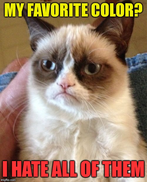 Grumpy Cat | MY FAVORITE COLOR? I HATE ALL OF THEM | image tagged in memes,grumpy cat | made w/ Imgflip meme maker