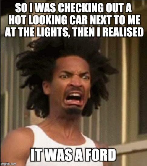 Disgusting | SO I WAS CHECKING OUT A HOT LOOKING CAR NEXT TO ME AT THE LIGHTS, THEN I REALISED; IT WAS A FORD | image tagged in disgusting | made w/ Imgflip meme maker