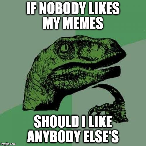 Philosoraptor | IF NOBODY LIKES MY MEMES; SHOULD I LIKE ANYBODY ELSE'S | image tagged in memes,philosoraptor | made w/ Imgflip meme maker