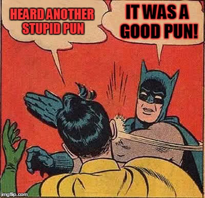 Batman Slapping Robin Meme | HEARD ANOTHER STUPID PUN IT WAS A GOOD PUN! | image tagged in memes,batman slapping robin | made w/ Imgflip meme maker