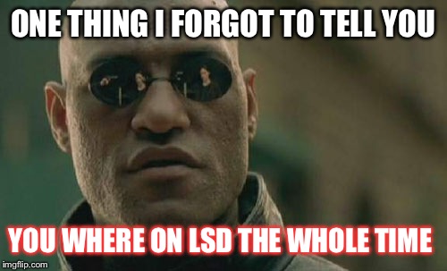 Matrix Morpheus | ONE THING I FORGOT TO TELL YOU; YOU WHERE ON LSD THE WHOLE TIME | image tagged in memes,matrix morpheus | made w/ Imgflip meme maker