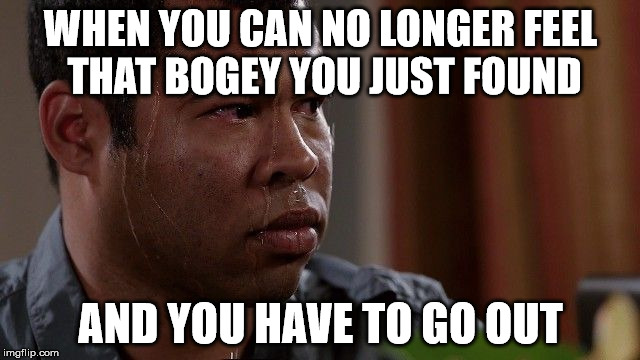 WHEN YOU CAN NO LONGER FEEL THAT BOGEY YOU JUST FOUND; AND YOU HAVE TO GO OUT | image tagged in bogey stress | made w/ Imgflip meme maker