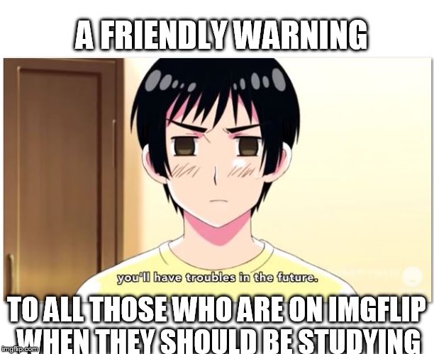 Japan is not impressed. | A FRIENDLY WARNING; TO ALL THOSE WHO ARE ON IMGFLIP WHEN THEY SHOULD BE STUDYING | image tagged in meme,hetalia,japan,studying,college,procrastination | made w/ Imgflip meme maker