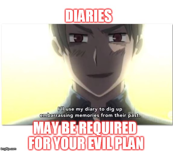 Because a diary is a crucial element in every revenge plot. |  DIARIES; MAY BE REQUIRED FOR YOUR EVIL PLAN | image tagged in meme,hetalia,diary,diaries,revenge,evil plan | made w/ Imgflip meme maker