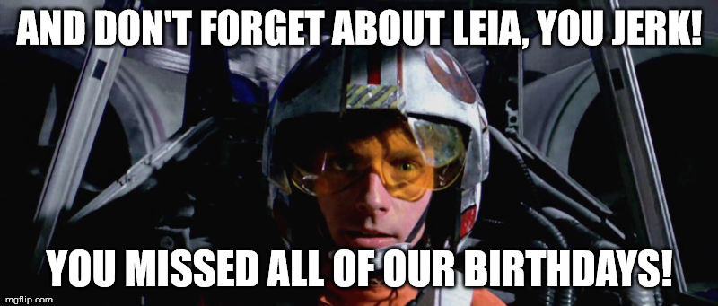 AND DON'T FORGET ABOUT LEIA, YOU JERK! YOU MISSED ALL OF OUR BIRTHDAYS! | image tagged in skywalker x-wing | made w/ Imgflip meme maker