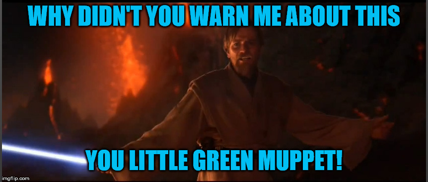WHY DIDN'T YOU WARN ME ABOUT THIS YOU LITTLE GREEN MUPPET! | image tagged in obi wan high ground | made w/ Imgflip meme maker