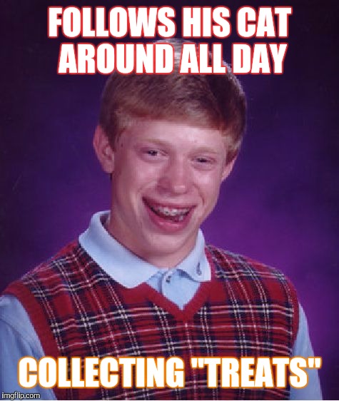 Bad Luck Brian aka Litter Box Loiterer  | FOLLOWS HIS CAT AROUND ALL DAY; COLLECTING "TREATS" | image tagged in memes,bad luck brian | made w/ Imgflip meme maker