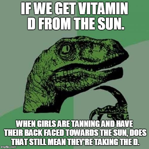 Philosoraptor | IF WE GET VITAMIN D FROM THE SUN. WHEN GIRLS ARE TANNING AND HAVE THEIR BACK FACED TOWARDS THE SUN, DOES THAT STILL MEAN THEY'RE TAKING THE D. | image tagged in memes,philosoraptor | made w/ Imgflip meme maker