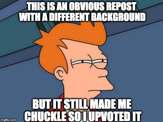 THIS IS AN OBVIOUS REPOST WITH A DIFFERENT BACKGROUND BUT IT STILL MADE ME CHUCKLE SO I UPVOTED IT | image tagged in memes,futurama fry | made w/ Imgflip meme maker