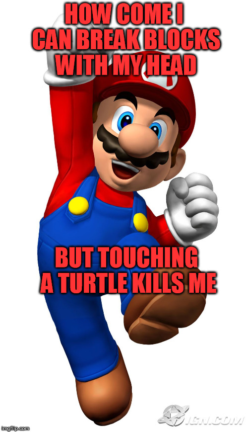 Super Mario |  HOW COME I CAN BREAK BLOCKS WITH MY HEAD; BUT TOUCHING A TURTLE KILLS ME | image tagged in super mario | made w/ Imgflip meme maker