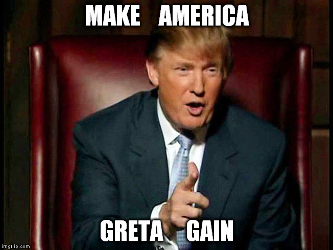 Donald Trump The Apprentice | MAKE    AMERICA; GRETA     GAIN | image tagged in donald trump the apprentice | made w/ Imgflip meme maker