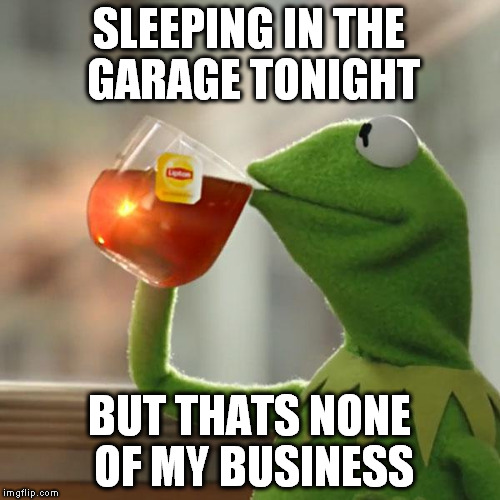 But That's None Of My Business Meme | SLEEPING IN THE GARAGE TONIGHT BUT THATS NONE OF MY BUSINESS | image tagged in memes,but thats none of my business,kermit the frog | made w/ Imgflip meme maker