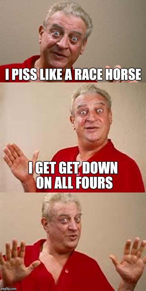 bad pun Dangerfield  | I PISS LIKE A RACE HORSE; I GET GET DOWN ON ALL FOURS | image tagged in bad pun dangerfield | made w/ Imgflip meme maker