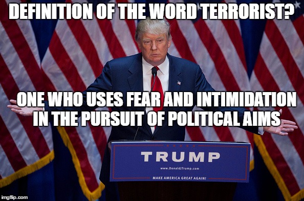 Donald Trump | DEFINITION OF THE WORD TERRORIST? ONE WHO USES FEAR AND INTIMIDATION IN THE PURSUIT OF POLITICAL AIMS | image tagged in donald trump | made w/ Imgflip meme maker