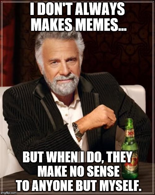 The Most Interesting Man In The World Meme | I DON'T ALWAYS MAKES MEMES... BUT WHEN I DO, THEY MAKE NO SENSE TO ANYONE BUT MYSELF. | image tagged in memes,the most interesting man in the world | made w/ Imgflip meme maker