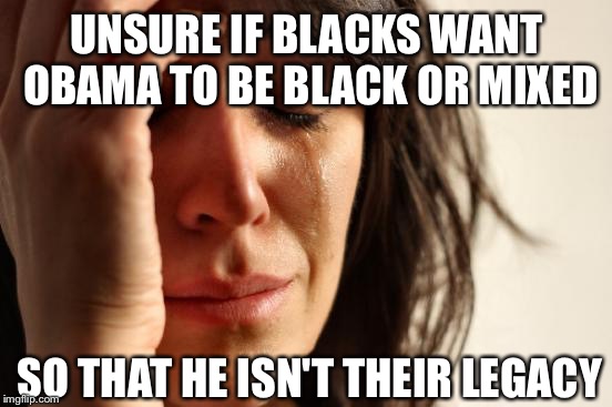 First World Problems Meme | UNSURE IF BLACKS WANT OBAMA TO BE BLACK OR MIXED SO THAT HE ISN'T THEIR LEGACY | image tagged in memes,first world problems | made w/ Imgflip meme maker