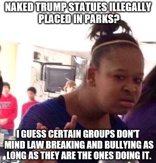 Typical liberal hypocrisy? | NAKED TRUMP STATUES ILLEGALLY PLACED IN PARKS? I GUESS CERTAIN GROUPS DON'T MIND LAW BREAKING AND BULLYING AS LONG AS THEY ARE THE ONES DOING IT. | image tagged in memes,black girl wat | made w/ Imgflip meme maker