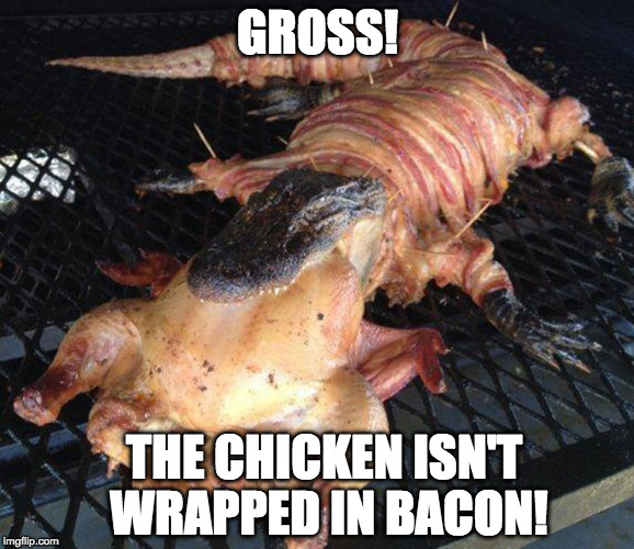 As if! | GROSS! THE CHICKEN ISN'T WRAPPED IN BACON! | image tagged in bacon wrapped aligator,bacon,bacon wrapped | made w/ Imgflip meme maker