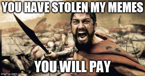 Sparta Leonidas | YOU HAVE STOLEN MY MEMES; YOU WILL PAY | image tagged in memes,sparta leonidas | made w/ Imgflip meme maker