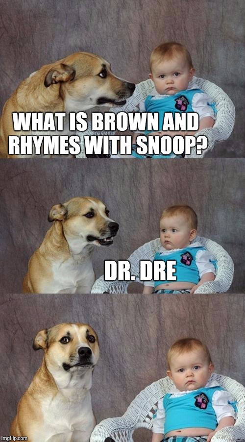 Dad Joke Dog | WHAT IS BROWN AND RHYMES WITH SNOOP? DR. DRE | image tagged in memes,dad joke dog | made w/ Imgflip meme maker