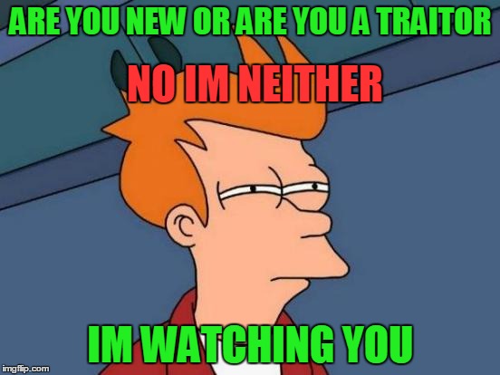 Futurama Fry | ARE YOU NEW OR ARE YOU A TRAITOR; NO IM NEITHER; IM WATCHING YOU | image tagged in memes,futurama fry | made w/ Imgflip meme maker