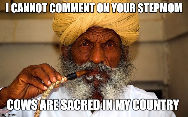 I CANNOT COMMENT ON YOUR STEPMOM; COWS ARE SACRED IN MY COUNTRY | image tagged in stepmom | made w/ Imgflip meme maker