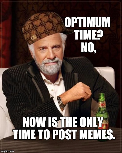 The Most Interesting Man In The World Meme | OPTIMUM TIME? NO, NOW IS THE ONLY TIME TO POST MEMES. | image tagged in memes,the most interesting man in the world,scumbag | made w/ Imgflip meme maker