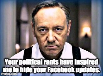 kevin spacey house of cards | Your political rants have inspired me to hide your Facebook updates. | image tagged in kevin spacey house of cards | made w/ Imgflip meme maker