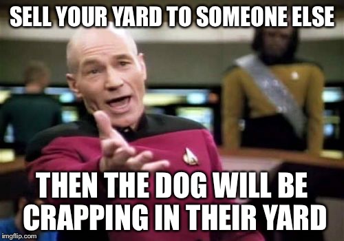 Picard Wtf Meme | SELL YOUR YARD TO SOMEONE ELSE THEN THE DOG WILL BE CRAPPING IN THEIR YARD | image tagged in memes,picard wtf | made w/ Imgflip meme maker