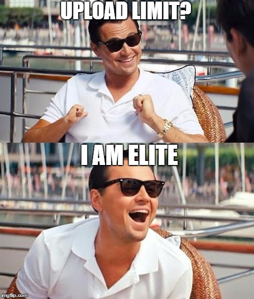 Leonardo Dicaprio Wolf Of Wall Street Meme | UPLOAD LIMIT? I AM ELITE | image tagged in memes,leonardo dicaprio wolf of wall street | made w/ Imgflip meme maker