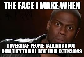 Kevin Hart Meme | THE FACE I MAKE WHEN; I OVERHEAR PEOPLE TALKING ABOUT HOW THEY THINK I HAVE HAIR EXTENSIONS | image tagged in memes,kevin hart the hell | made w/ Imgflip meme maker