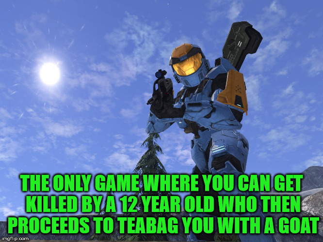 THE ONLY GAME WHERE YOU CAN GET KILLED BY A 12 YEAR OLD WHO THEN PROCEEDS TO TEABAG YOU WITH A GOAT | image tagged in demonicpenguin halo 3 | made w/ Imgflip meme maker