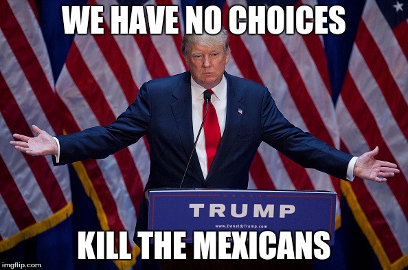 Donald Trump | WE HAVE NO CHOICES; KILL THE MEXICANS | image tagged in donald trump | made w/ Imgflip meme maker