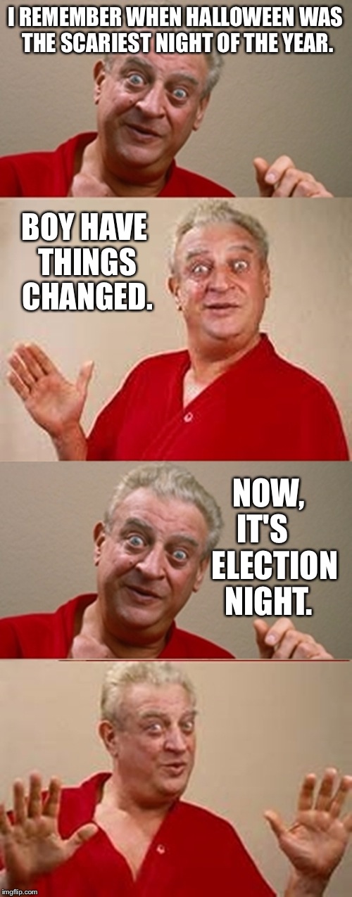 Credit to some bad joke I read online(modified slightly):) | I REMEMBER WHEN HALLOWEEN WAS THE SCARIEST NIGHT OF THE YEAR. BOY HAVE THINGS CHANGED. NOW, IT'S     ELECTION NIGHT. | image tagged in rodney,funny,bad joke,political meme | made w/ Imgflip meme maker