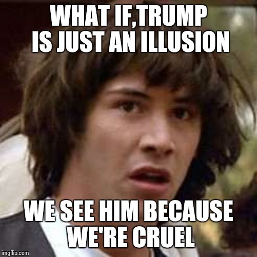 Conspiracy Keanu | WHAT IF,TRUMP IS JUST AN ILLUSION; WE SEE HIM BECAUSE WE'RE CRUEL | image tagged in memes,conspiracy keanu | made w/ Imgflip meme maker