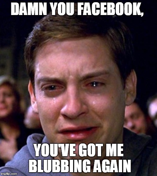 facebook tears | DAMN YOU FACEBOOK, YOU'VE GOT ME BLUBBING AGAIN | image tagged in crying peter parker,facebook,tears,blubbing,beautiful,love | made w/ Imgflip meme maker