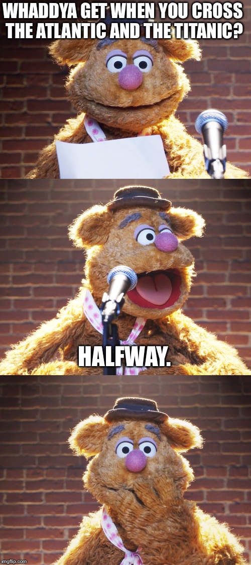 Wacca Wacca! | WHADDYA GET WHEN YOU CROSS THE ATLANTIC AND THE TITANIC? HALFWAY. | image tagged in fozzie jokes,titanic | made w/ Imgflip meme maker