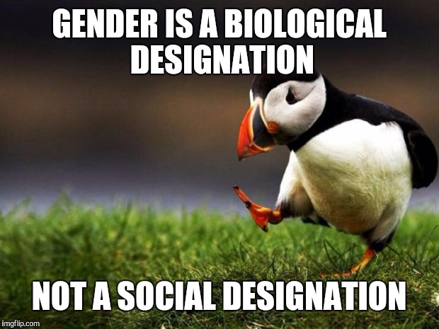 Unpopular Opinion Puffin Meme | GENDER IS A BIOLOGICAL DESIGNATION; NOT A SOCIAL DESIGNATION | image tagged in memes,unpopular opinion puffin | made w/ Imgflip meme maker