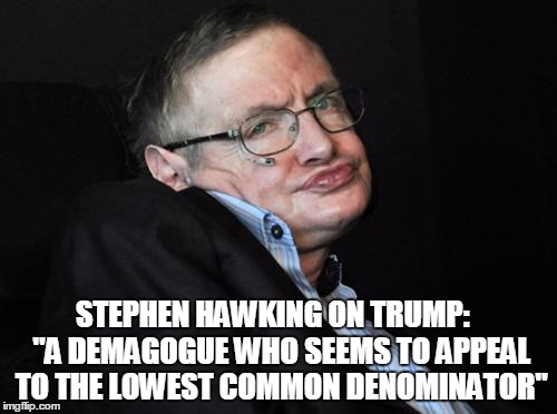 stephen hawking duck face | STEPHEN HAWKING ON TRUMP: 
 "A DEMAGOGUE WHO SEEMS TO APPEAL TO THE LOWEST COMMON DENOMINATOR" | image tagged in stephen hawking duck face | made w/ Imgflip meme maker
