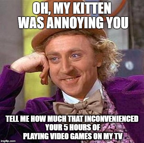 Creepy Condescending Wonka Meme | OH, MY KITTEN WAS ANNOYING YOU; TELL ME HOW MUCH THAT INCONVENIENCED YOUR 5 HOURS OF PLAYING VIDEO GAMES ON MY TV | image tagged in memes,creepy condescending wonka,AdviceAnimals | made w/ Imgflip meme maker