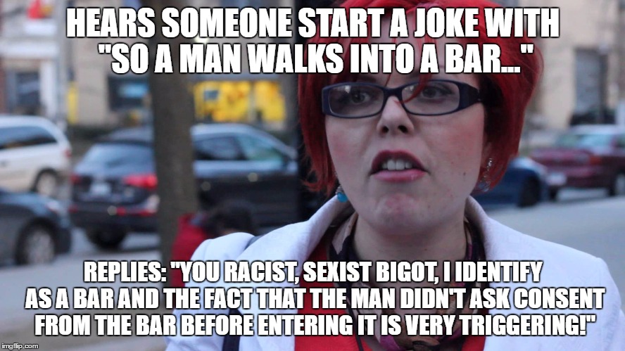 Feminazi |  HEARS SOMEONE START A JOKE WITH "SO A MAN WALKS INTO A BAR..."; REPLIES: "YOU RACIST, SEXIST BIGOT, I IDENTIFY AS A BAR AND THE FACT THAT THE MAN DIDN'T ASK CONSENT FROM THE BAR BEFORE ENTERING IT IS VERY TRIGGERING!" | image tagged in feminazi | made w/ Imgflip meme maker