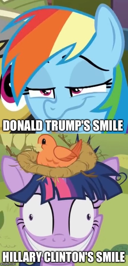 Comparing the two smiles | DONALD TRUMP'S SMILE; HILLARY CLINTON'S SMILE | image tagged in mlp,donald trump,hillary clinton | made w/ Imgflip meme maker